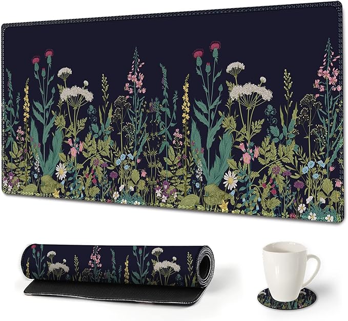 Large Gaming Mouse Pad, AIMSA Extended Mouse Pad with Stitched Edge, XL Keyboard Mouse Mat Non-Slip Rubber Base Desk Pad 31.5x15.7inch for Office Home Game Work -Flowers Plants