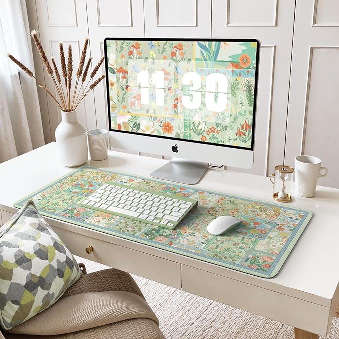iCasso Green Large Mouse Pad, Gaming Mat, Desk Matt for Desktop, Floral Desk Pad Mat, Anti-Slip XXL Big Mousepad with Stitched Edges for Computer