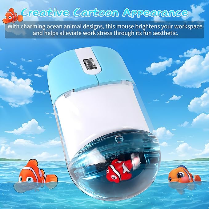 Wireless Mouse -Cute Clear Aqua Design, Water Mouse with Optical Precision, Silent Clicks, Lightweight & Floating Animal Transparent Retro Style for Home Office, Great for Kids & Adult(Fish-Blue)