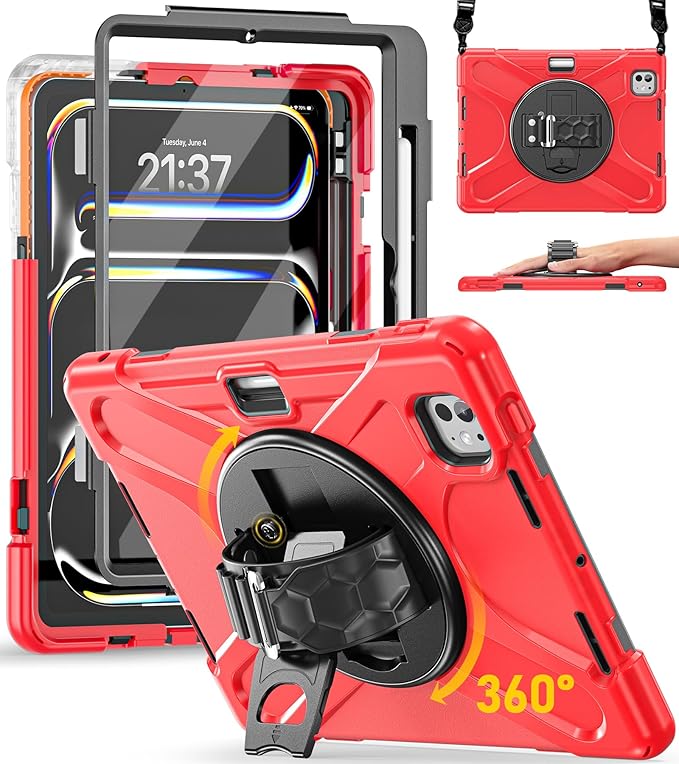 BRAECN Case for iPad Pro 11 inch M5 2025 & M4 2024, 4 Layers Heavy Duty Full-Body Protection Screen Protector Pencil Holder, 360° Rotating Handle Kickstand, Shoulder Strap Kids Friendly