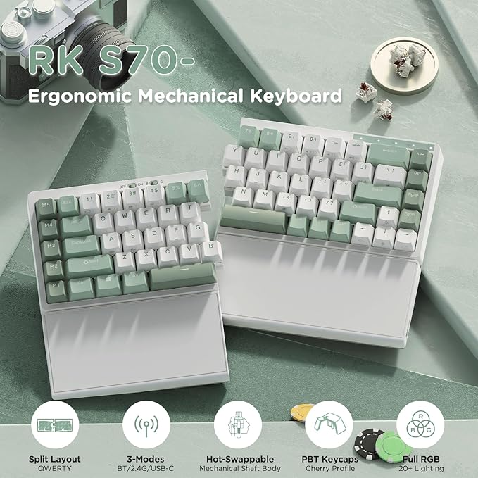 RK ROYAL KLUDGE RKS70 Ergonomic Split Keyboard, Wireless PC Gaming Keyboard with Bluetooth/2.4G/Wired, Hot Swappable Mechanical Keyboards w/Fixed Wrist Rest, PBT Keycaps, Linear Switches, White