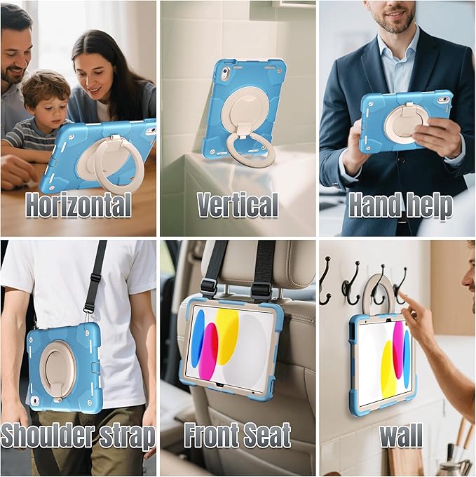 Andnary Case for iPad (A16) 11th /10th Generation 11/10.9 Inch 2025/2022 with Screen Protector/360° Rotate Stand/Shoulder Strap/Pencil Holder, Shockproof iPad 11th/10th Gen Cover (Blue+White)