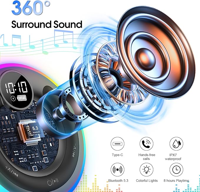 Portable Bluetooth Shower Speaker with Lights, Bluetooth 5.3, Small Wireless Speaker for Outdoor, Blue