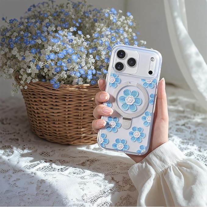 CASEKOO Floral Series Blue Flowers for iPhone 17 Pro Case with Magnetic Ring Stand [Compatible with MagSafe] [Military-Grade Protection] Fashion Clear Back, Soft Edge, for Women