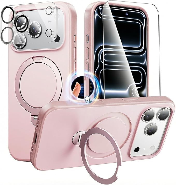360°Ring Stand for iPhone 17 Pro Max Case, Compatible with MagSafe, Military-Grade Protective,Anti-Yellowing, Scratch-Resistant Back Cover Phone Case for iPhone 17 Pro Max 6.9", Light Pink