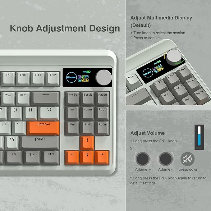 Womier M87 75% Mechanical Keyboard with TFT Smart Display & Knob, Gasket Mount Tri-Mode Wireless Bluetooth/2.4G, Hot-Swappable Linear Switches, PBT Keycaps RGB Gaming Keyboard for Mac & Win (Carbon)