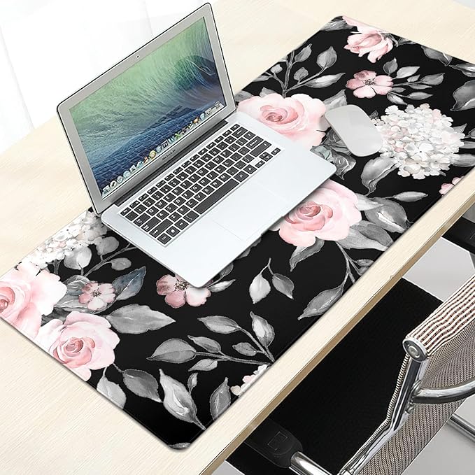 Floral Extended Gaming Mouse Pad Non-Slip Rubber Base Black Large Mousepad 35.4×15.7in with Stitched Edge Waterproof Pink Peony Flowers Pads Computer Black Desk Laptop Mats for Work Game/Office Home