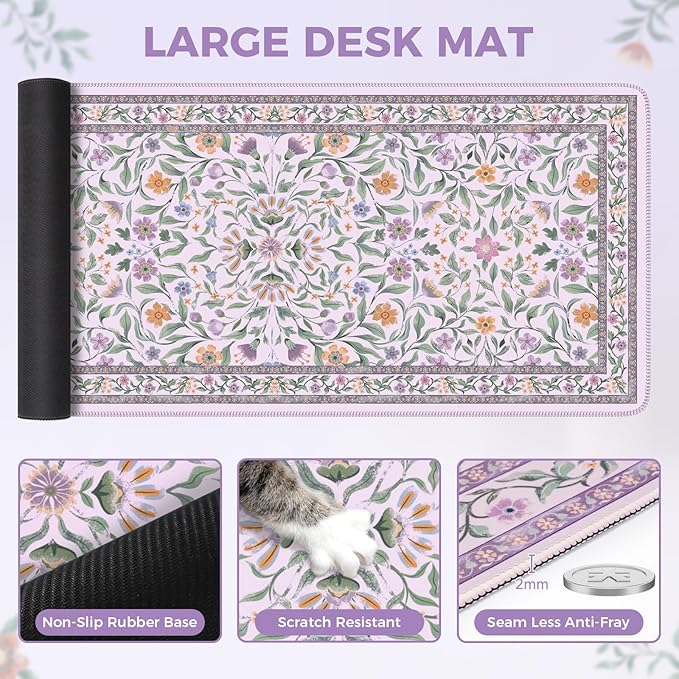 iLeadon Desk Matt for Desktop, Purple Mouse Pad for Keyboard, Floral Gaming Desk Mat with Non-Slip Base, Stitched Edges Large Keyboard Mat 35.4x15.7 Inch for PC & Home Office (Purple)