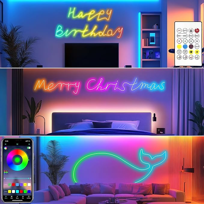 Cozylady RGB Neon LED Rope Lights, Waterproof Bluetooth APP Remote Control Music Sync Strip Lights, 24V Flexible DIY Silicone Light for Bedroom Home Indoor Outdoor Decor (12M/40Ft)