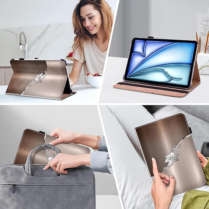 Case for iPad Air 13 inch M4 2026/M3 2025/M2 2024 with Pencil Holder & Card Slots & Auto Sleep, Embossed PU Leather Stand Magnetic Shockproof Cover Case for iPad Air 13 - Silver Flower