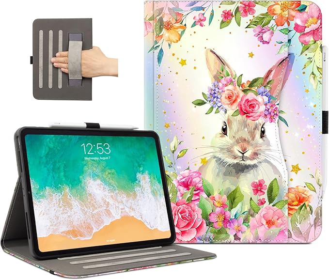 Lokigo for iPad Air 13 Inch Case M4/M3/M2 (2026/2025/2024), iPad Pro 12.9 Inch Case 6th/5th/4th/3rd Gen with Pencil Holder/Hand Strap/Pocket, Support Touch ID, Multi Angles View Stand, Rabbit Floral