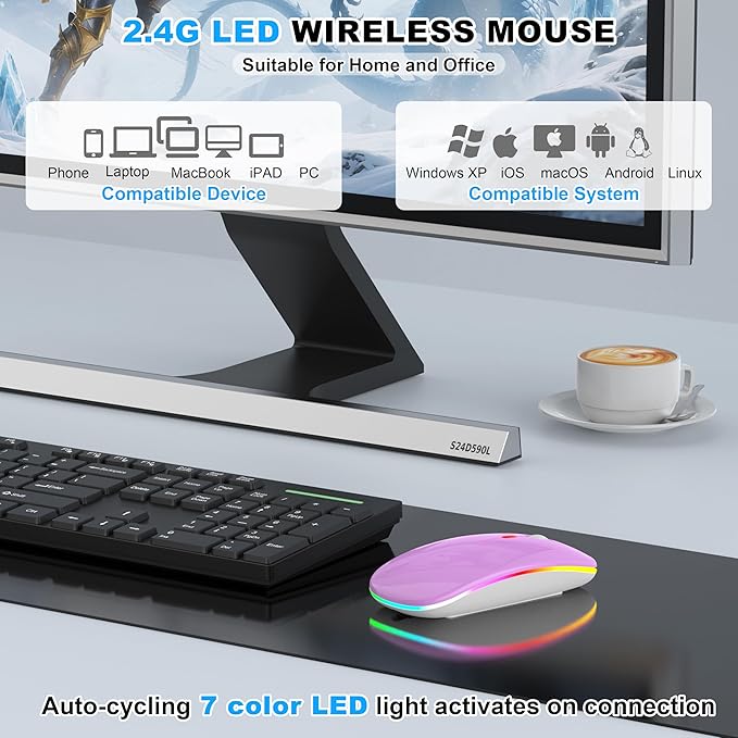 Bluetooth Wireless Mouse, Slim LED Rechargeable Silent Mouse with 2.4GHz USB-A/USB-C Receiver & Type-C Adapter, Compatible with Laptop, MacBook, iPad, iPad Pro,Mac,Tablet - Purple