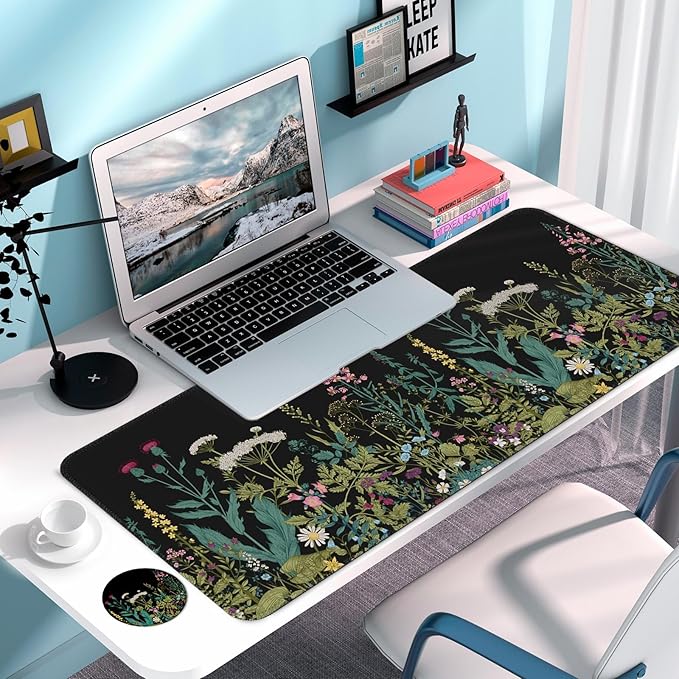 Large Gaming Mouse Pad with Coaster, Desk Matt for Desktop, Desk Pad, Mouse Pads Mat, Stitched Edges Big Extended Mousepad for Computer Keyboard Laptop Office Decor, 31.5'' x15.6''-Little Flowers