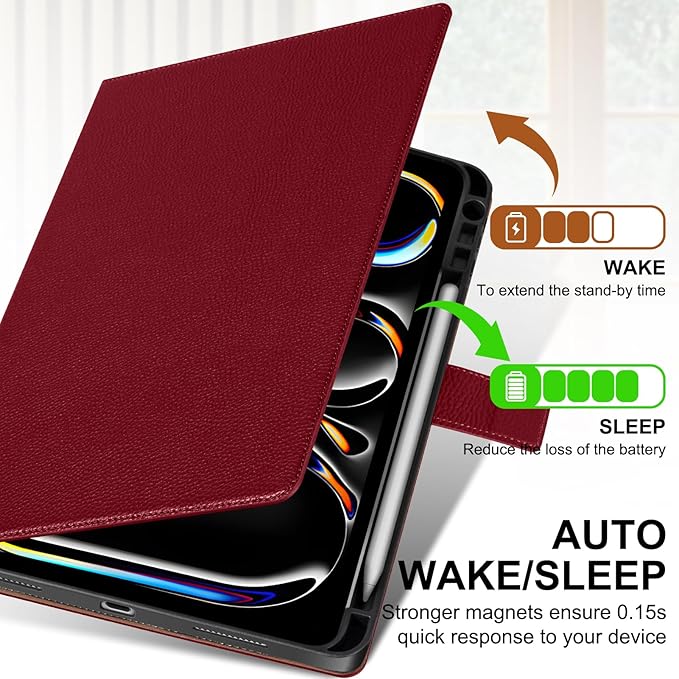 Genuine Leather Case for iPad Pro 11 inch Case (M5) 2025 / (M4) 2024 | with Pencil Holder and Adjustable Stand, Magnetic Closure, Auto Wake/Sleep Cover | Wine Red
