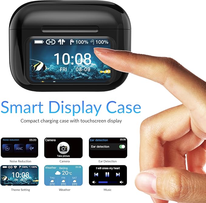 IQ Sound IQ-341 ANC & ENC Bluetooth Earphone with Touchscreen Display Charging Case, True Wireless Earbuds, Stereo Sound, Dual Mic, Voice Assistant, In-Ear Detection, USB-C Charging (Black)