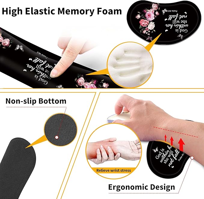 Large Gaming Mouse Pad Set 35.4 x 15.7 with Keyboard Wrist Rest, Wrist Support, and Coaster Memory Foam Smooth Desk Pad Mousepad for Home Office School - Floral Bible