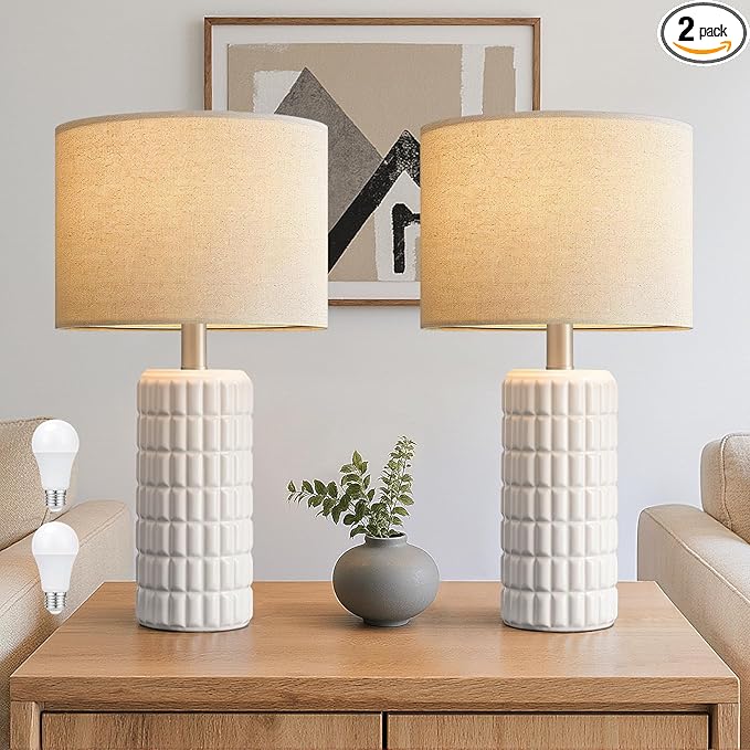 Seealle 23" Modern Ceramic Table Lamps Set of 2 - Table Lamps for Living Room, Farmhouse Bedside Night Stands Lamp for Bedroom, White Boho Nightstand Lamps Set of 2(Bulb Included)