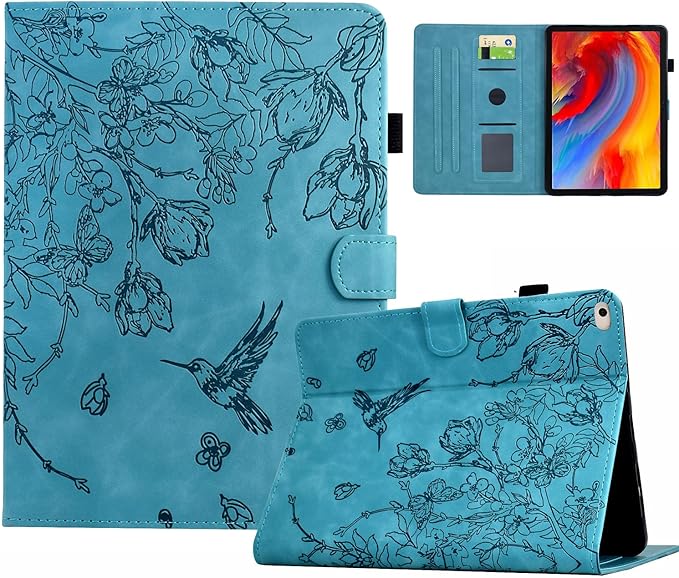 for iPad 9.7 Inch Case iPad 6th/5th Generation Case 2018 2017, Embossed Suede Leather Folio Stand Cover for iPad 9.7 inch/Pro 9.7/Air 2/Air 1, Auto Sleep/Wake, Blue Bird Flower Embossing