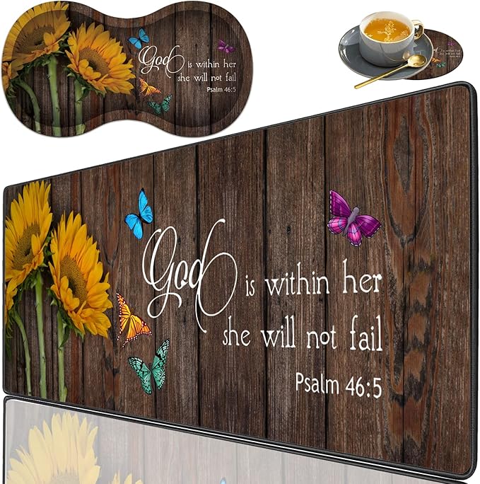 3 Piece Mouse Pad Set with Stitched Edge Large Anti-Slip Mouse Pad Desk Pad Keyboard Pad + Wrist Rest Pad + Coaster, Memory Foam Wrist Rest for Office/Home - Psalm 46:5 Sunflower