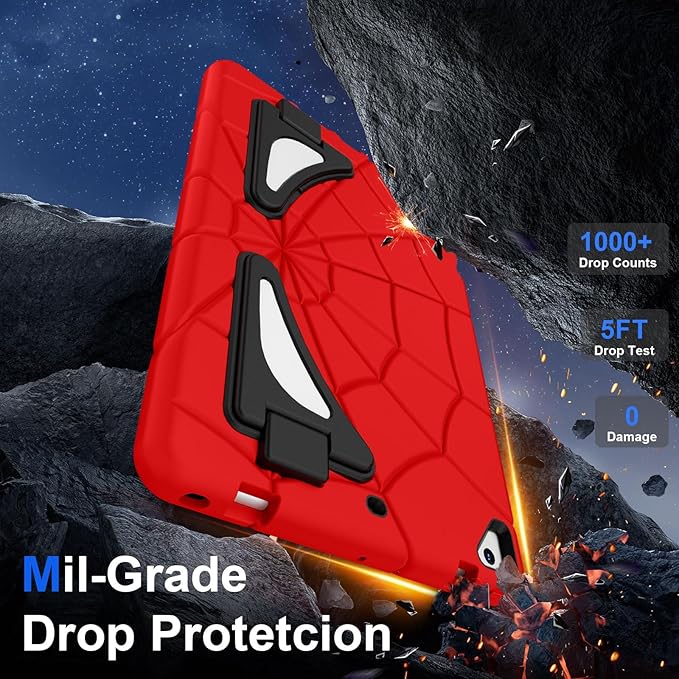 Case for iPad 6th/5th Generation 9.7 Inch 2018/2017, Rugged Full-Body Heavy Duty Soft Silicone Cute Protective Case Kids Boys Girls Cover with Handle Stand for iPad Air 2/Pro 9.7 - Red+Black