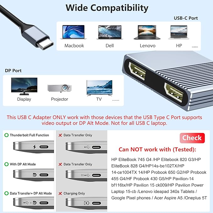 USB C to Dual DisplayPort Adapter, 4K@60Hz Displayport Splitter, Display Port to USB C, Displayport MST Hub, Display Port Splitter for Dual Monitors, DisplayPorts Hub for Dell/Lenovo/HP etc