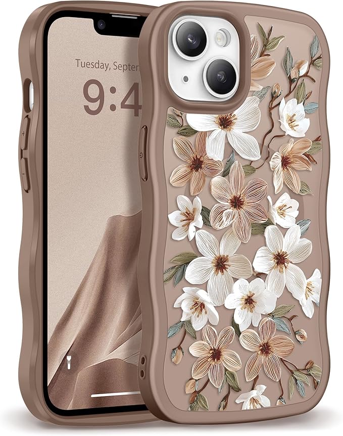 GVIEWIN Cute for iPhone 14 Case & iPhone 13 Case [Compatible with MagSafe] [Curly Wave Edge] Floral Translucent Magnetic Shockproof Protective Phone Cover for iPhone 14/13 6.1'', Dogwood/Brown