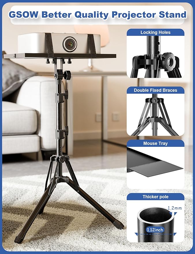 GSOW Projector Stand, Adjustable Height 26 to 56 Inch Laptop Tripod, Laptop Stand with Mouse Tray, Foldable Tripod for Projector with Carry Bag, Portable Podium Stand for Office, Home, Stage, DJ