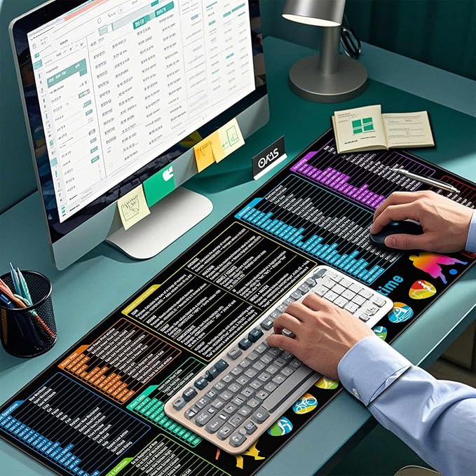 JIALONG Excel Mouse Pad Shortcuts - Excel Formulas Cheat Sheet Desk Pad, Anti-Slip Large Desk Mat with Durable Stitched Edges, Big Excel Keyboard Mat for Office, Gaming, and Home