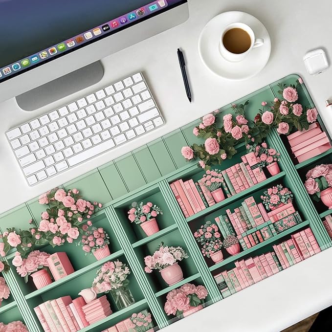 Pink Floral Gaming Mouse Pad Large Desk Mat Extended Keyboard Mouse Pad Anime Mousepad with Non-Slip Base and Stitched Edge Mouse Mat Desk Pad 31.5 x 11.8 Mouse Pads for Desk Home Office Gaming