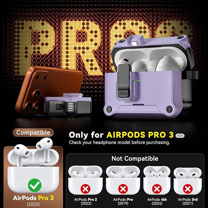 Inesore Compatible with AirPods Pro 3 Generation Case,Secure Lock & Phone Stand Design,Compatible with MagSafe,Automatic Snap Switch Secure Cover for New AirPods Pro 3rd (2025)-Purple