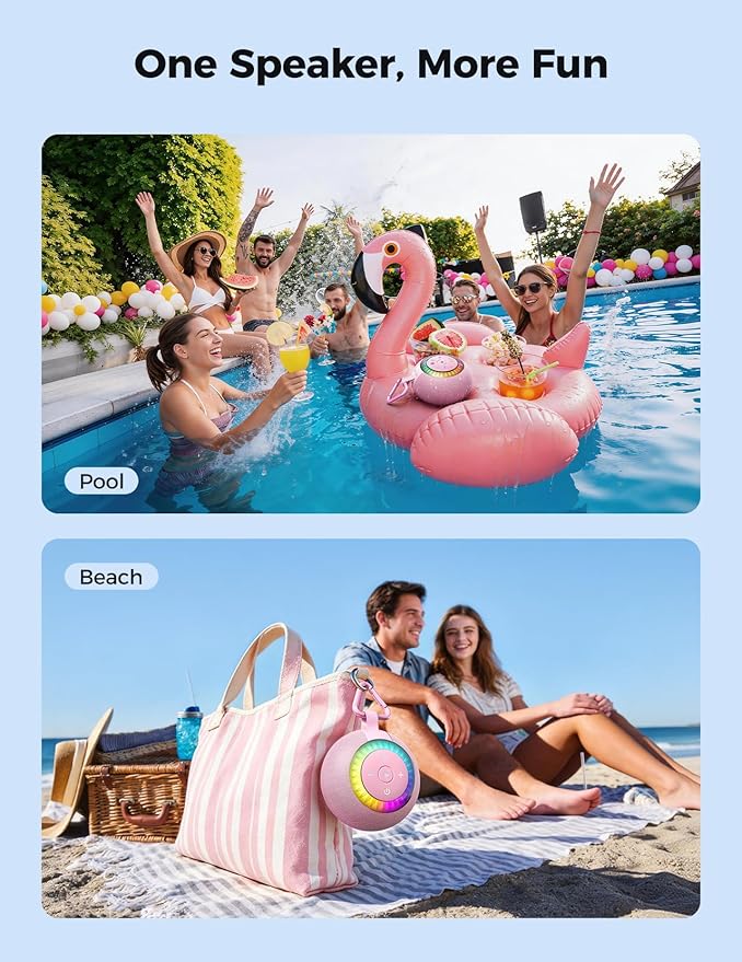 Shower Speaker Bluetooth Waterproof Portable: 360° Surround Sound, IPX7 Suction Cup Removable with Vacuum Exhaust Knob, RGB Lights, Beach/Pool/Camping/Kayak Essentials, Gifts for Mom Teens-Pink