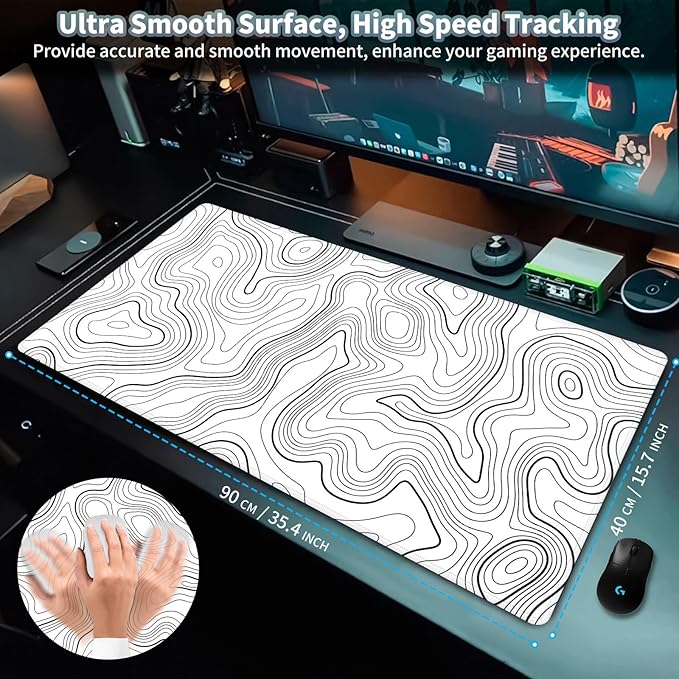 Topographic Map Large Mouse Pad, Black and White Desk Pad for Keyboard and Mouse, 35.5" X 15.75" Computer Gaming Mouse Mat 3mm Thick XXL Rubber Mousepad for Laptop Gamer, White Lines Contour