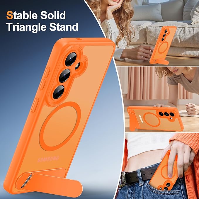 Magnetic for Samsung Galaxy S26 Case, [Compatible with MagSafe][Full Camera Protection][Built-in Invisible Kickstand] Translucent Matte Phone Case for S26 6.3" - Orange