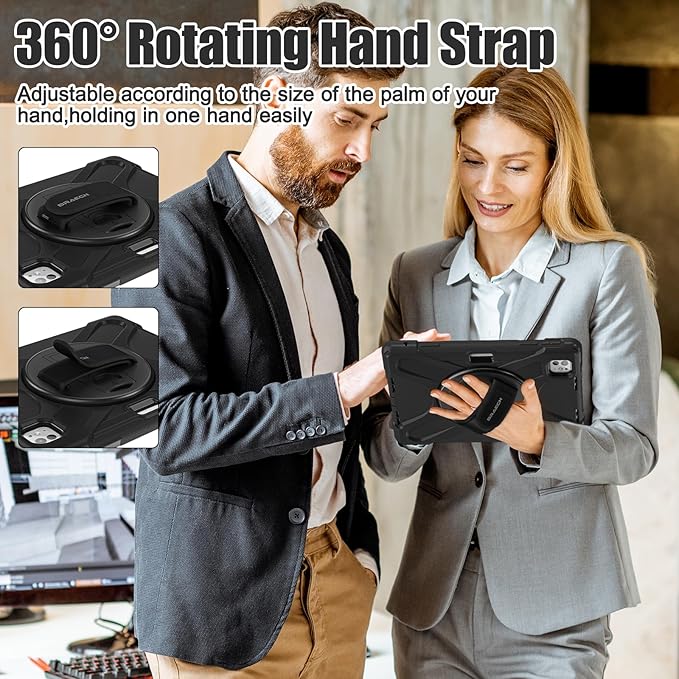 BRAECNstock for Apple iPad Pro 11 inch Case M5 2025/ M4 2024, Shockproof Protective Case with Pencil Holder,360° Rotating Hand Strap + Stand, Shoulder Strap for iPad Pro 11 M5/ M4, Black