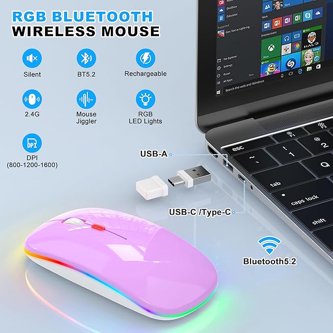 Bluetooth Wireless Mouse, Slim LED Rechargeable Silent Mouse with 2.4GHz USB-A/USB-C Receiver & Type-C Adapter, Compatible with Laptop, MacBook, iPad, iPad Pro,Mac,Tablet - Purple