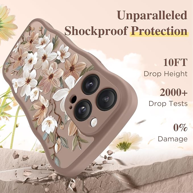 GVIEWIN for iPhone 14 Pro Case Compatible with MagSafe [Curly Wave Edge][Full Camera Protection] Floral Translucent Shockproof Magnetic Women Phone Case for 14 Pro, Dogwood/Brown