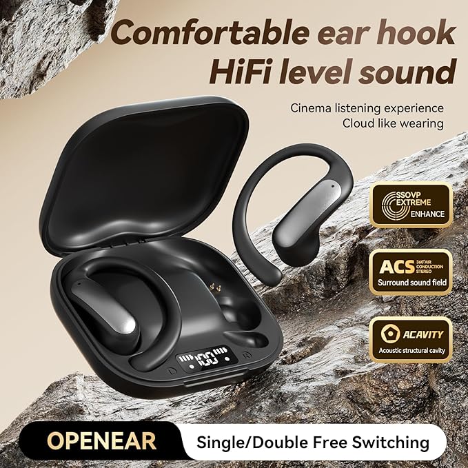TINGER Open Ear Bluetooth Headphones 5.4 - IPX5 Waterproof Wireless Sports Earbuds,18H Playtime with Digital Power Display, Ultra-Light Weight Design for Cycling/Running/Gym (Orange)