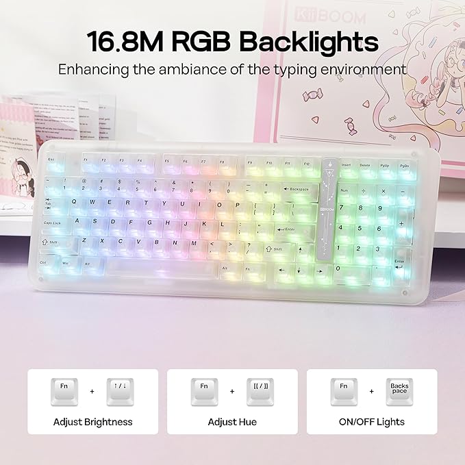 KiiBoom Phantom98 Lite 96% Wireless Mechanical Gaming Keyboard, VIA Programmable, Creamy Keyboard with Gasket, 8000mAh Battery, Hot Swap, RGB Backlits, NKRO for Win/Mac (Clear, Mochi Switch)