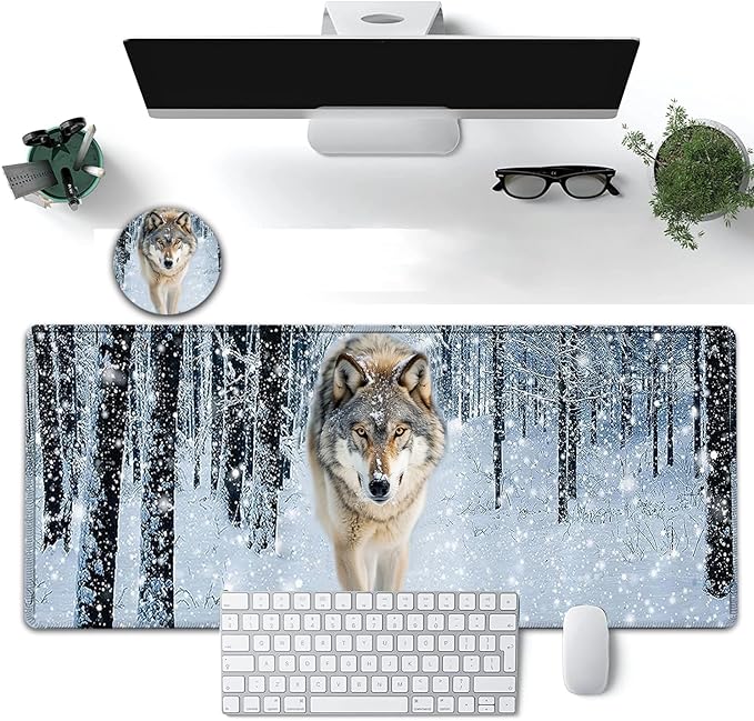 Large Mouse Pad, 31.5 x 11.8in Extended Gaming Mouse Pad with Stitched Edges, XXL Mousepad Protector Non Slip Rubber Base for Office and Home Writing Mat, Wolf in Snowy Forest Pattern White Desk Mat