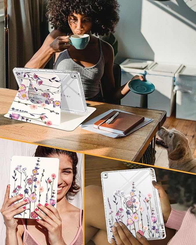 Shorogyt for iPad 9th/8th/7th Generation 10.2 Inch Case Magnetic Stand for Women - Cute Design 360 Degree Rotating Covers Girls Kids with Pencil Holder for Apple i Pad 9/8/7 Gen,Little Flower