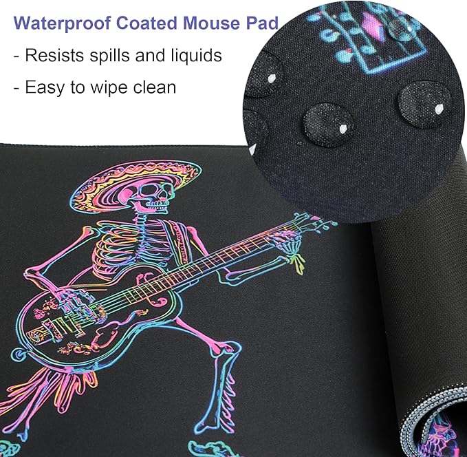 Simpkeely Blacklight Skeleton Playing Guitar Mouse Pad – UV Reactive Neon Art Funny Skull Rock and Roll Gaming Desk Mat, Glow in The Dark Extended Mousepad with Non-Slip Rubber Base – 31.5" x 11.8"