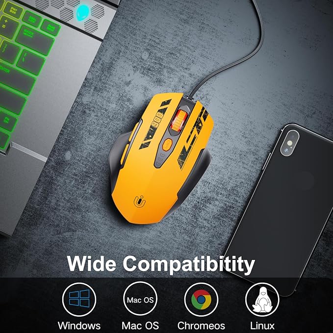 Uineer Wired Mouse, USB Mouse Wired with 6 Buttons Ergonomic Design,1.5M USB Cable Computer Mice 7200DPI Mice for PC Laptop, Yellow
