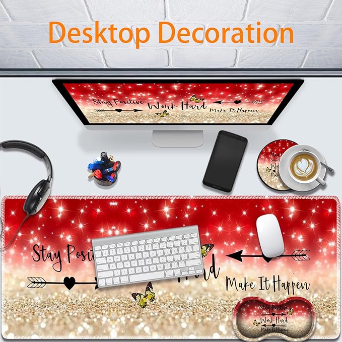Durable Desk Mat + Wrist Rest Pad + Coasters Set, Large Gaming Office Mouse Pad 31.5 "x 11.8", Extended Non-Slip Rubber Keyboard Pad, Laptop & Home, Stay Positive Work Hard and Make It Happen