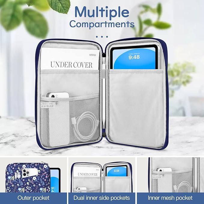 Dadanism 9-11" Tablet Sleeve Bag Carrying Case for iPad (A16) 11th Gen 11", iPad 10th Gen 10.9" Air 5/4, iPad Air M4/Pro 11", iPad 9/8/7th, Galaxy Tab A11+ Plus 11", Remarkable 2 10.3", Flower+Blue