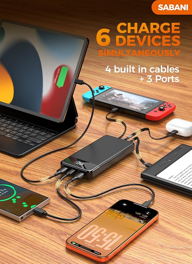 Portable Charger 35000mAh Power Bank - Powerbank with 4 Built in Cables, 22.5W Fast Charging Travel Camping Essential Battery Pack Compatible with iPhone 17 16 15 14 13 Samsung Google, 1 Pack