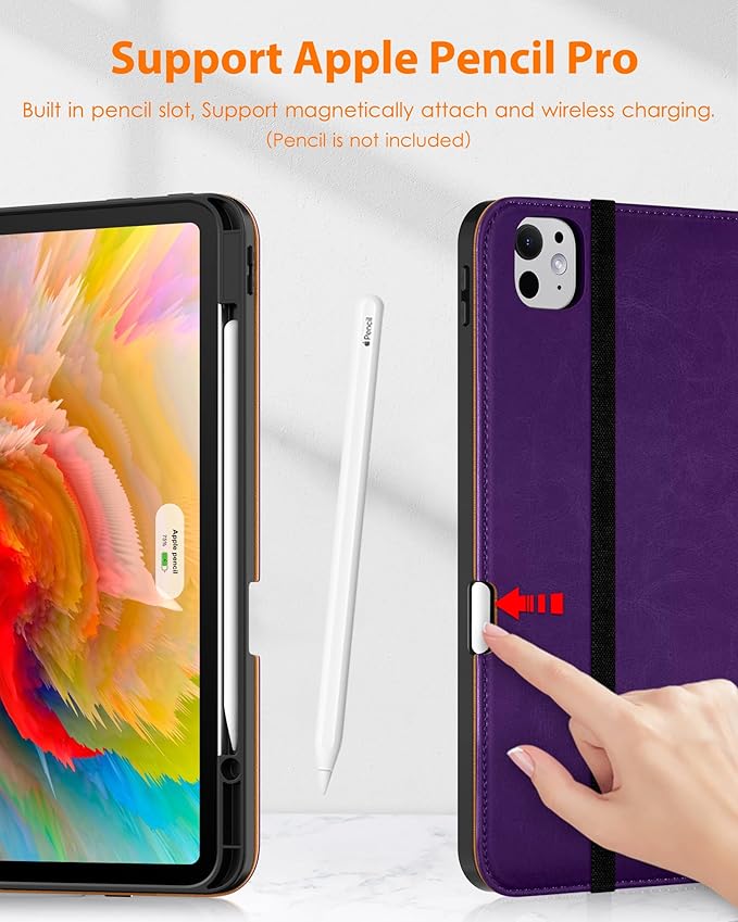 DTTO for iPad Pro 13 inch Case (M5/M4) 2025/2024, Premium Leather Business Folio Stand Cover with Pencil Holder - Auto Wake/Sleep & Multiple Viewing Angles, Built in Hand Strap & Pocket, Dark Purple