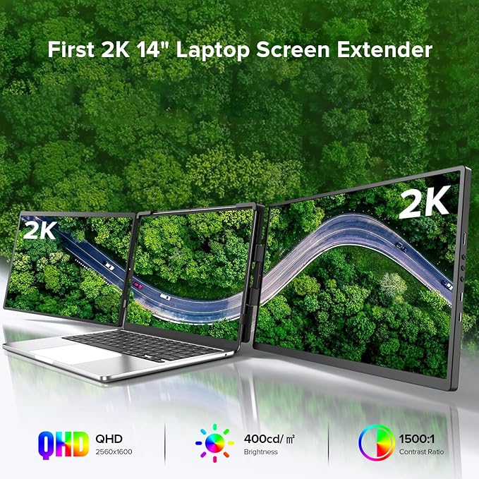 UPERFECT Laptop Screen Extender, 2K 14" 360° Patented Unique Swivel Hinge Triple Monitor, 2240x1400 QHD IPS Portable Dual Monitor for 13.3"-17.3'' Laptops, Plug & Play with Mac, Wins, Android