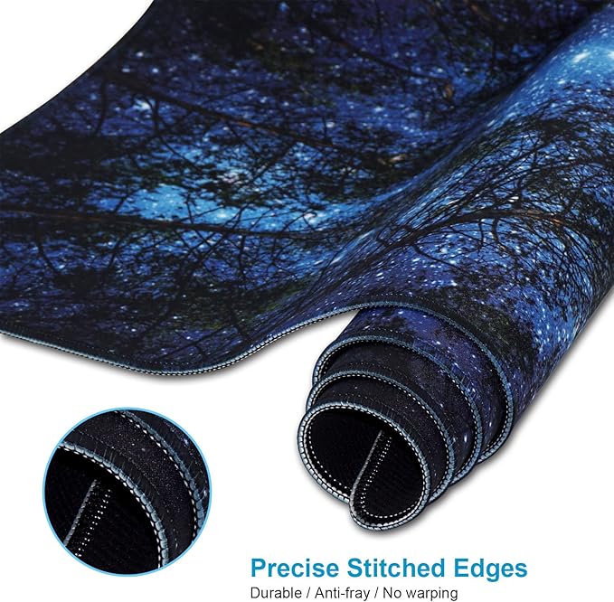 XXL Waterproof Office Desk Pad Protector 35.4x15.7 Inch - Extended Gaming Mouse Pad with Non-Slip Rubber Base, Thickened Keyboard Mat, Stitched Edges & Forest Starry Design