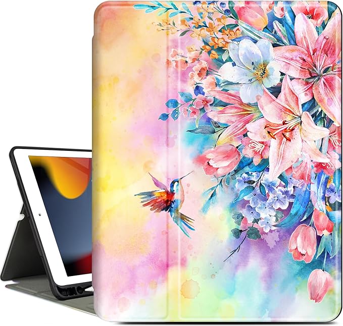 Vimorco Case for iPad Air 3 2019, for iPad Pro 10.5 inch 2017/2019, for iPad 9th/8th/7th Generation 10.2 inch,Multiple Viewing Angles,Pencil Holder, Full Protective,Auto Sleep/Wake,Hummingbird Flowers
