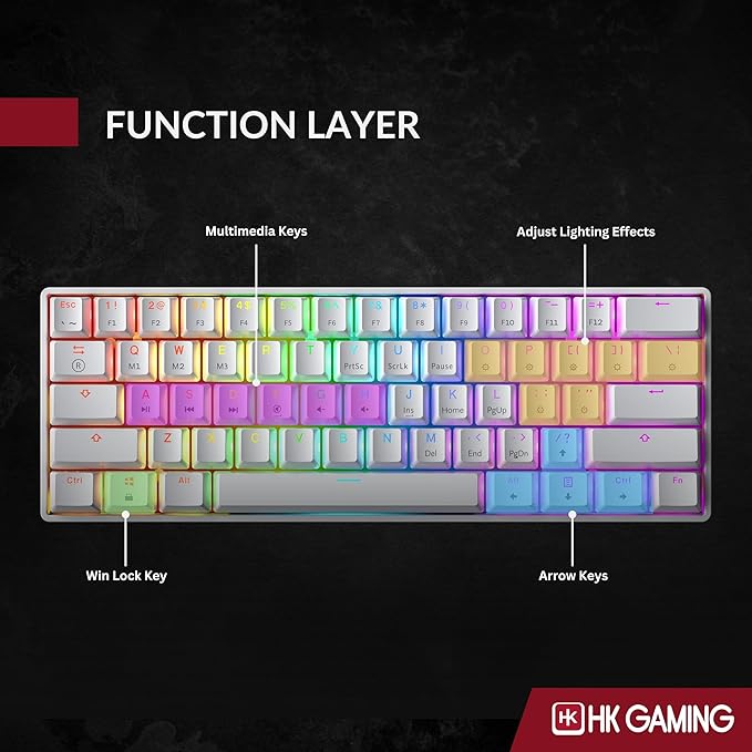 HK GAMING GK61 SE 60% | Mechanical Gaming Keyboard | 61 Keys Multi Color RGB LED Backlit for PC/Mac Gamer | US Layout (White, Mechanical Red)
